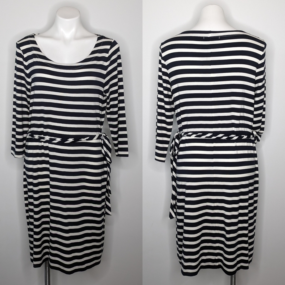 NWT Banana Republic Factory navy blue & white striped knee length dress L - Picture 1 of 8